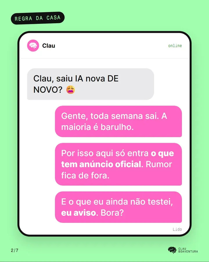 Post da Clau: mensagem 'Clau, saiu IA nova DE NOVO?' e a resposta de que só entra anúncio oficial