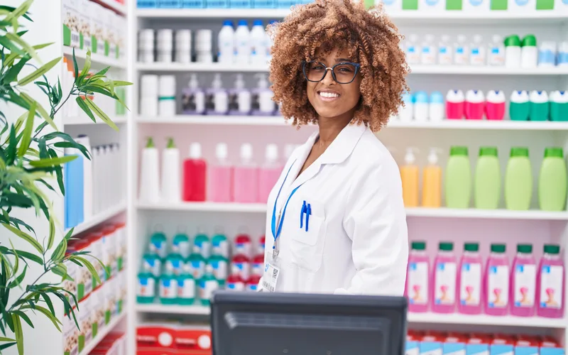 Farmacêutica de jaleco e óculos sorrindo no balcão, com prateleiras coloridas de produtos ao fundo.